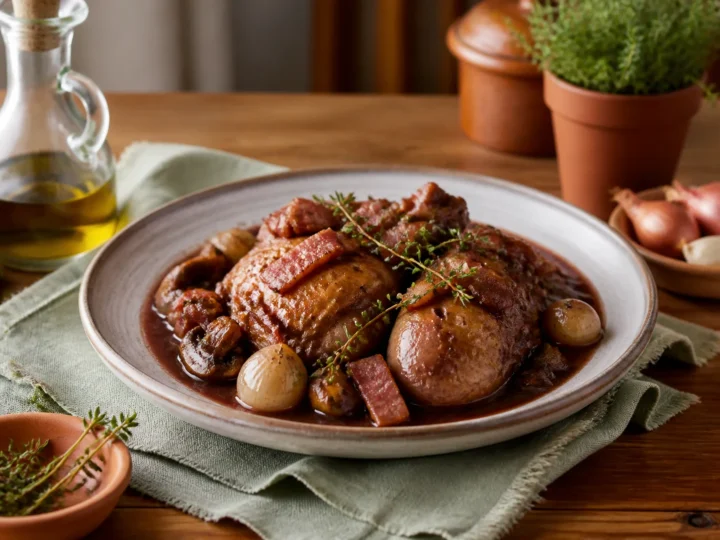 Coq au Vin, fertig angerichtet auf einem Teller