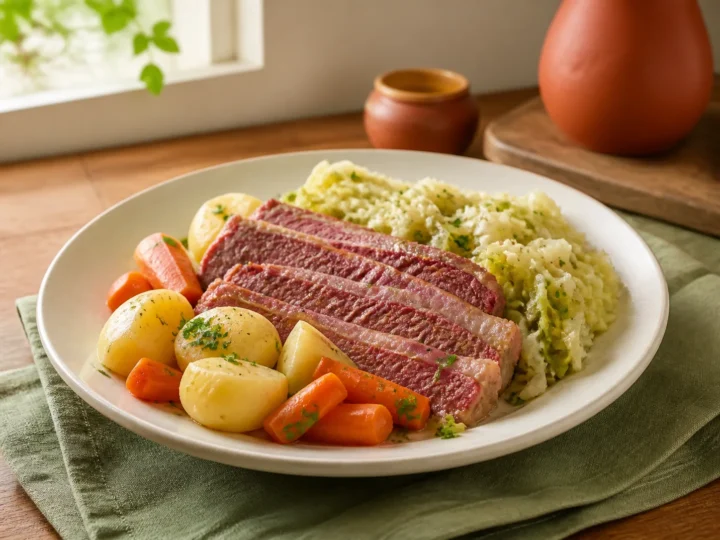 Corned Beef mit Kohl, fertig angerichtet auf einem Teller