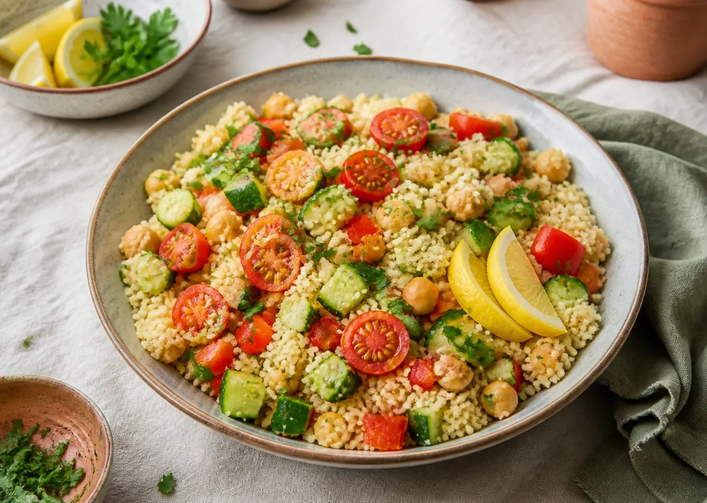 Bunter Couscous-Salat mit Kichererbsen, Gurke, Tomaten und Petersilie