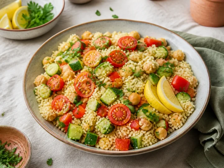 Bunter Couscous-Salat mit Kichererbsen, Gurke, Tomaten und Petersilie