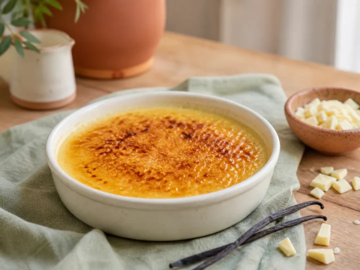 Crème brûlée mit weißer Schokolade, fertig angerichtet auf einem Teller