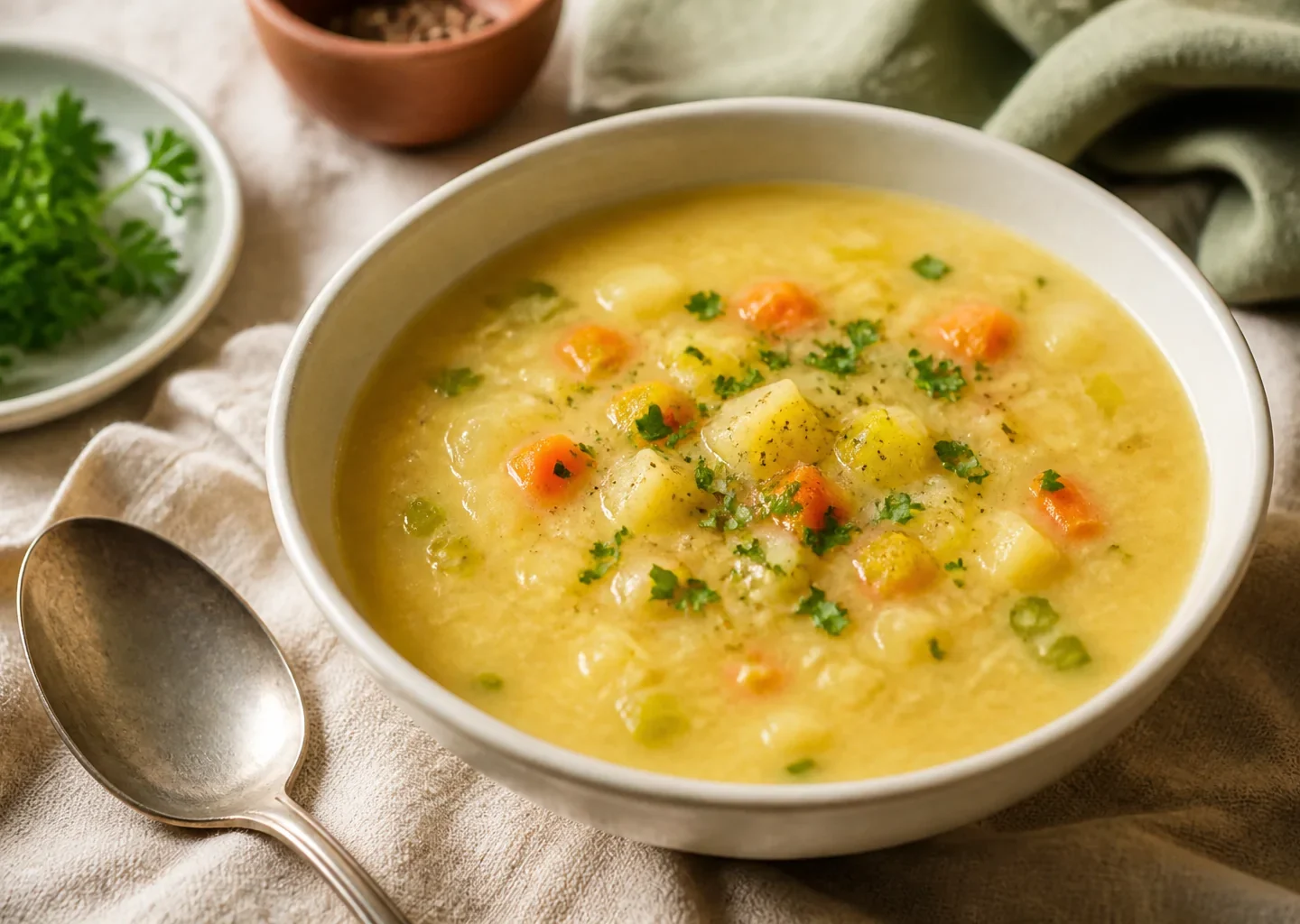 Cremige Kartoffelsuppe mit Möhren, Lauch und Petersilie in einer rustikalen Schale