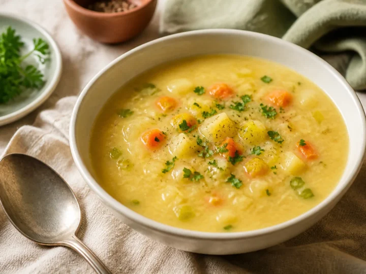 Cremige Kartoffelsuppe mit Möhren, Lauch und Petersilie in einer rustikalen Schale