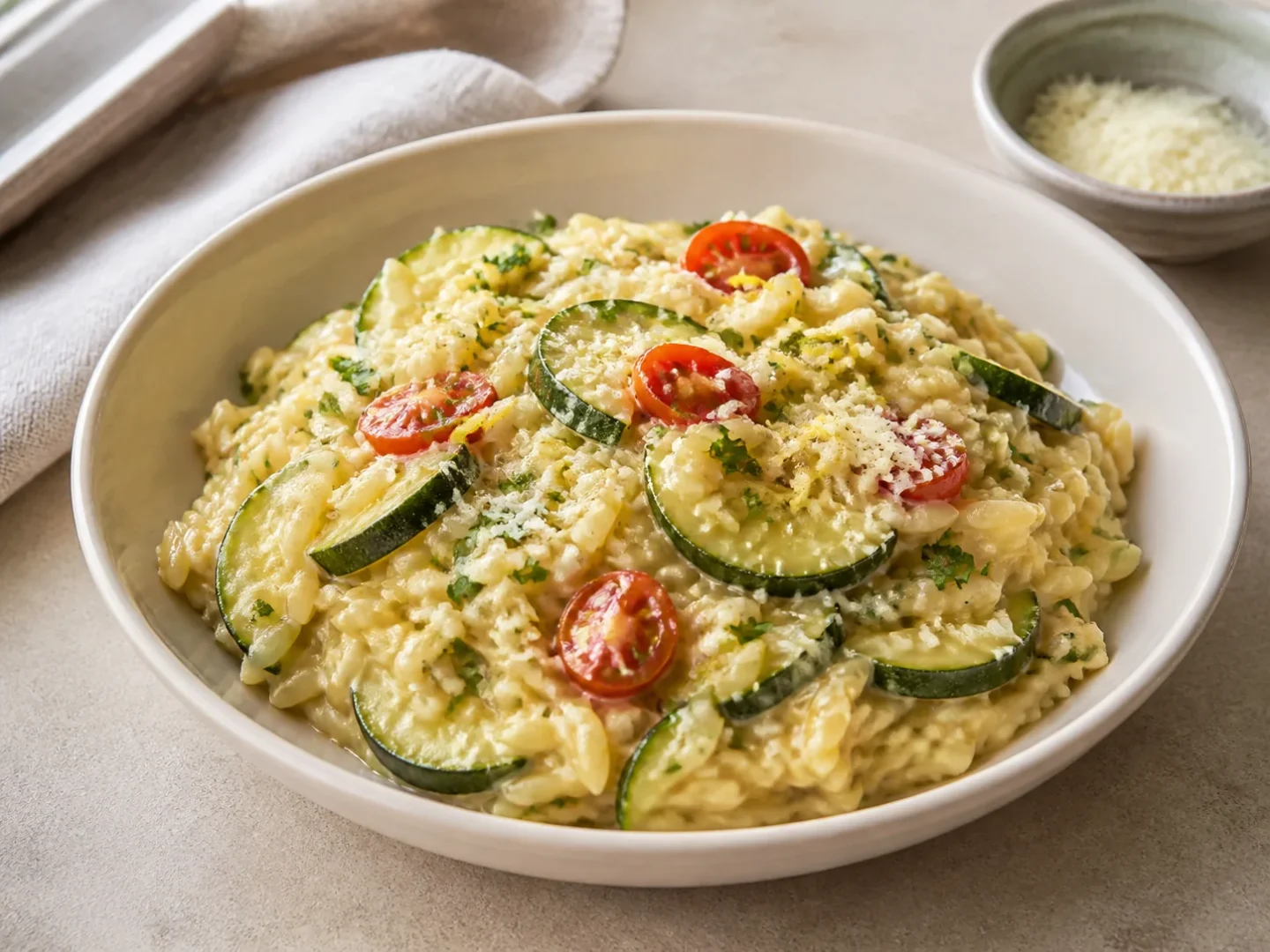 Cremige Zucchini-Orzo-Pfanne als fertig angerichtetes Gericht