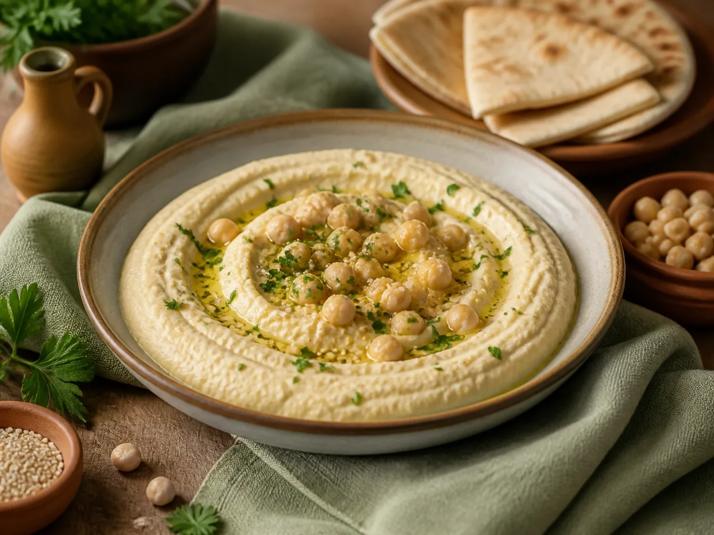 Cremiger Hummus mit Olivenöl, Kichererbsen, Sesam, Petersilie und Fladenbrot