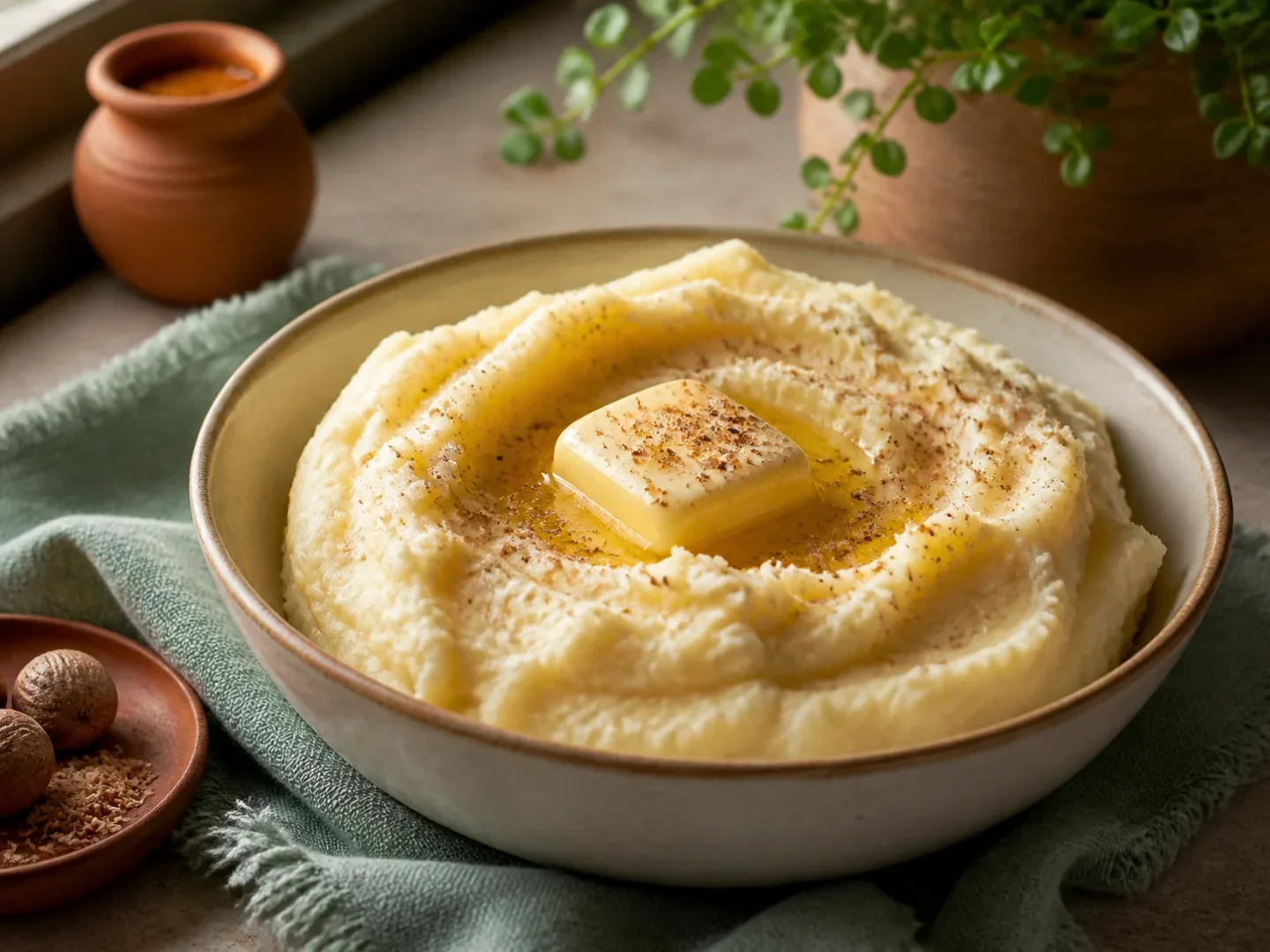 Cremiges Kartoffelpüree mit Butter und frisch geriebener Muskatnuss