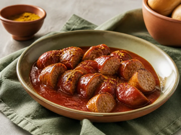 Geschnittene Currywurst mit selbst gemachter roter Currysauce und Currypulver
