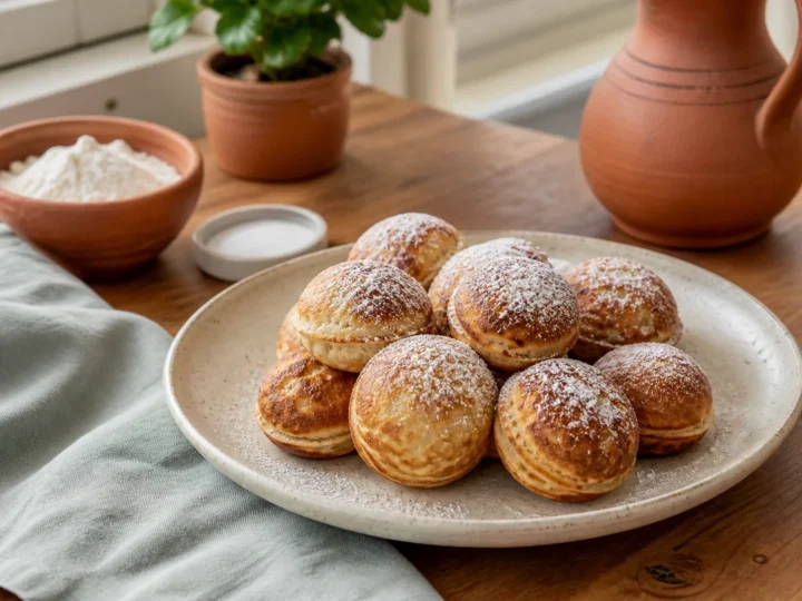 Dänische Æbleskiver, fertig angerichtet auf einem Teller