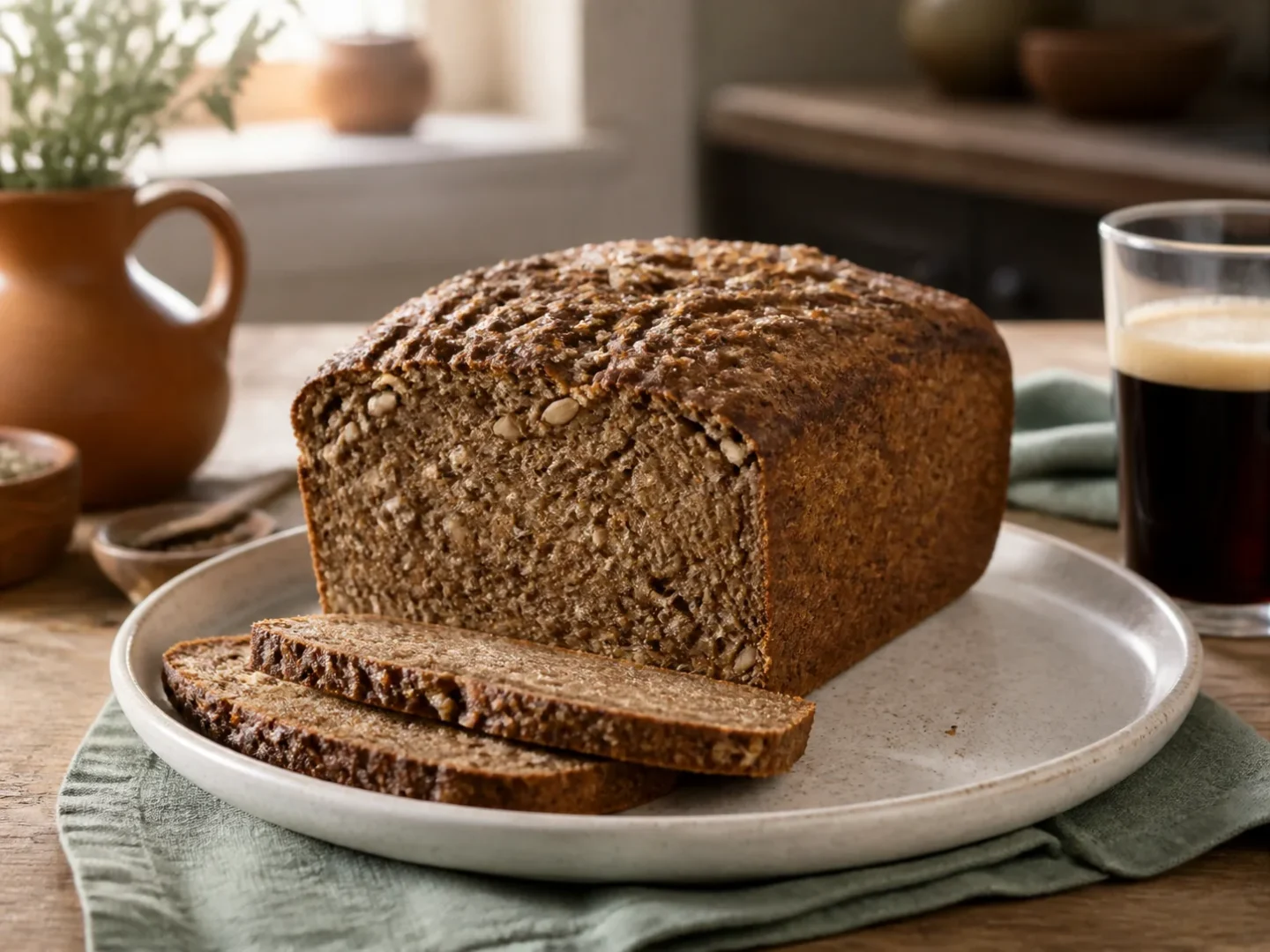 Dänisches Roggenbrot, fertig angerichtet auf einem Teller