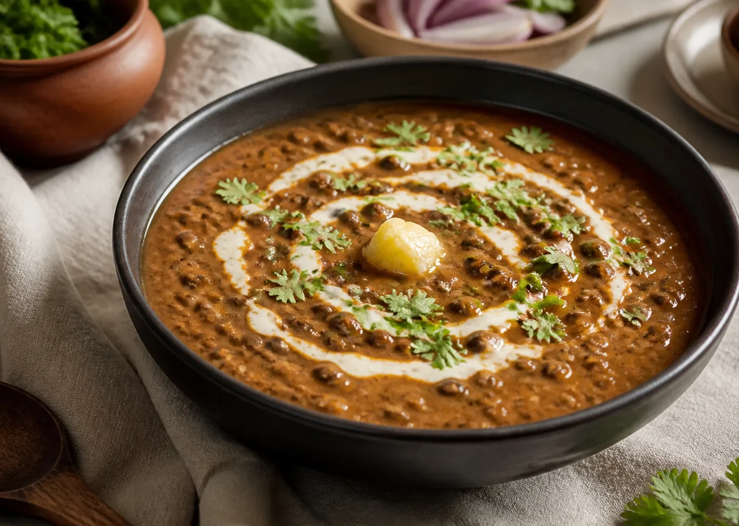 Cremiges Dal Makhani aus schwarzen Linsen mit Sahnewirbel und Koriander