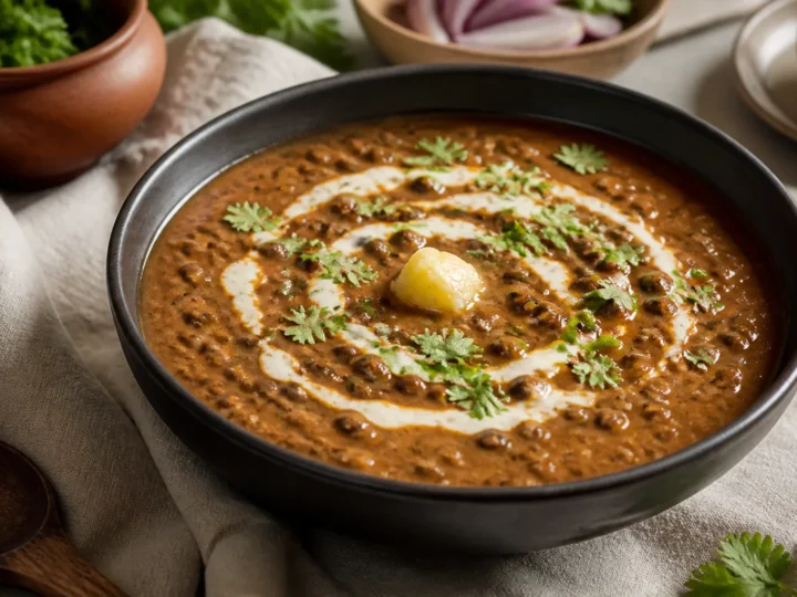 Cremiges Dal Makhani aus schwarzen Linsen mit Sahnewirbel und Koriander