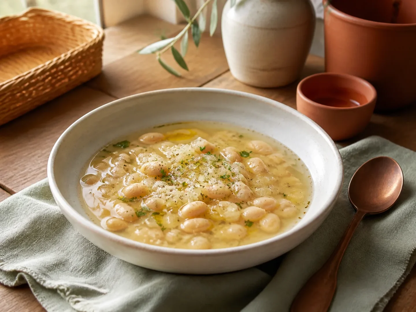 Einfache weiße Bohnensuppe, fertig angerichtet auf einem Teller
