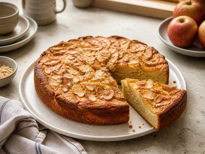 Saftiger Apfelkuchen mit Zimt und Mandelblättchen auf einer hellen Kuchenplatte