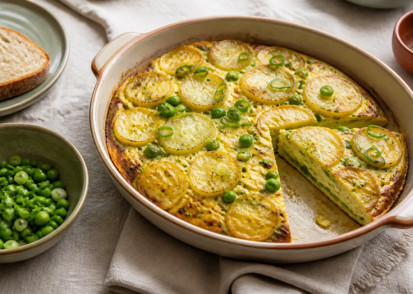 Goldene Erbsen-Frittata mit Kartoffelscheiben und Frühlingszwiebeln