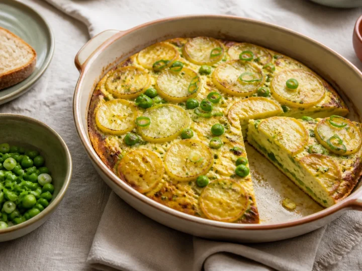 Goldene Erbsen-Frittata mit Kartoffelscheiben und Frühlingszwiebeln