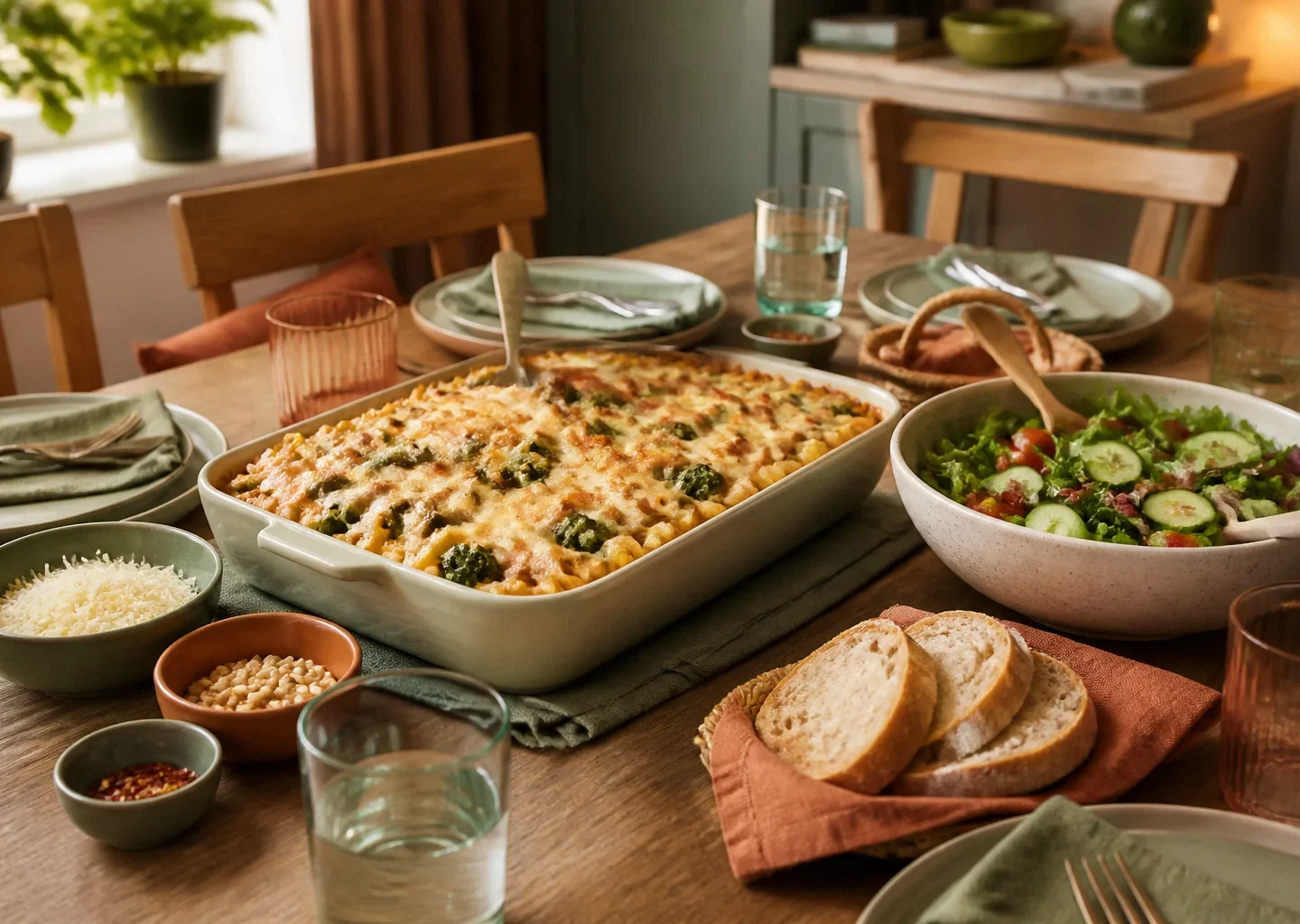 Familientisch mit Gemüseauflauf, Salat, Brot und kleinen Schalen zum Teilen