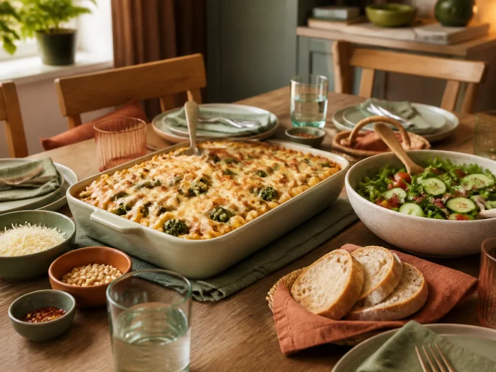 Familientisch mit Gemüseauflauf, Salat, Brot und kleinen Schalen zum Teilen