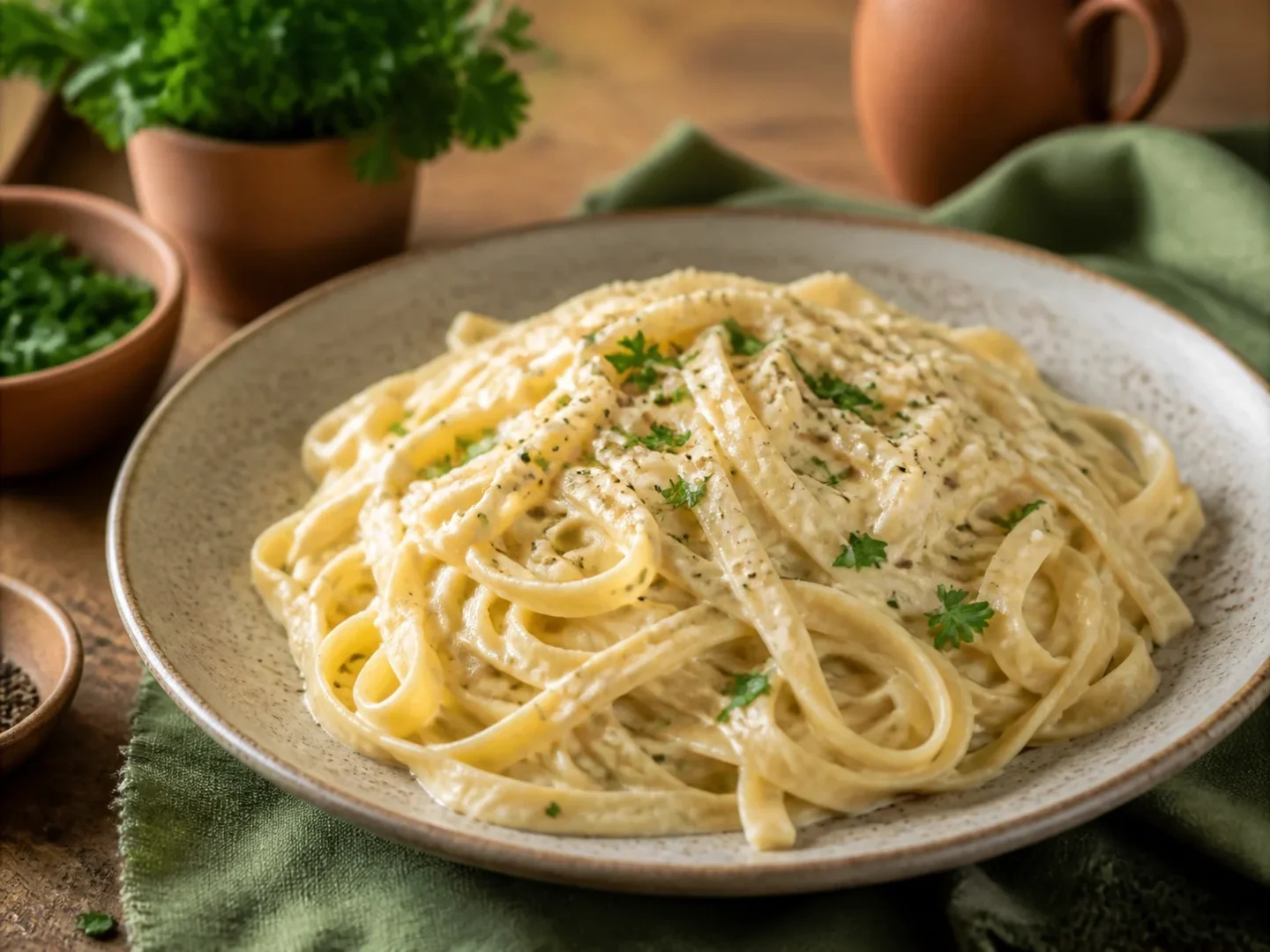 Fettuccine Alfredo in cremiger Parmesan-Butter-Sauce mit Petersilie und Pfeffer