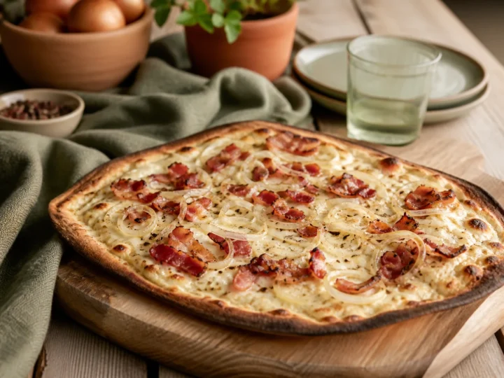 Dünner knuspriger Flammkuchen Elsässer Art mit Speck und Zwiebeln