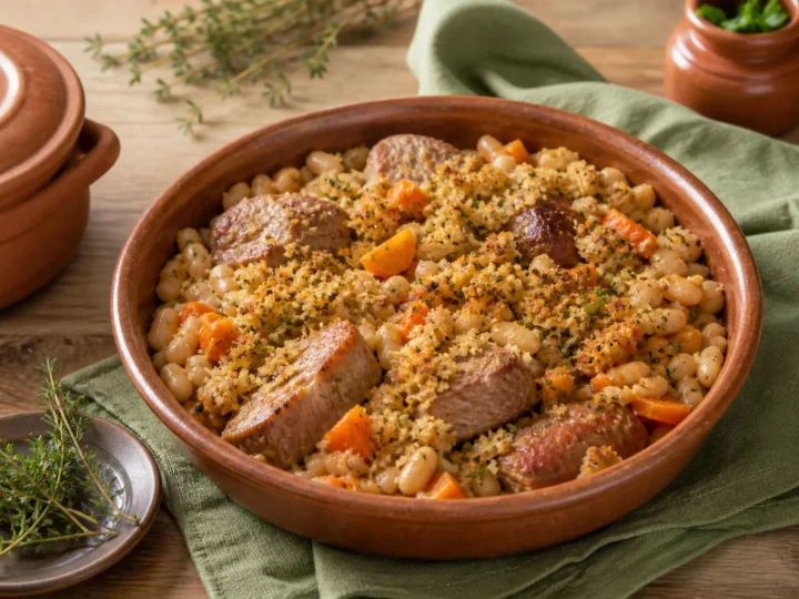 Französisches Schweine-Cassoulet mit weißen Bohnen, Möhren und Kräuterbröseln