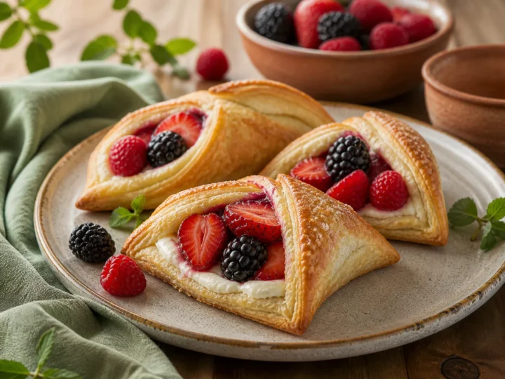 Goldene Frühstückstaschen mit Frischkäse, Erdbeeren, Himbeeren und Brombeeren