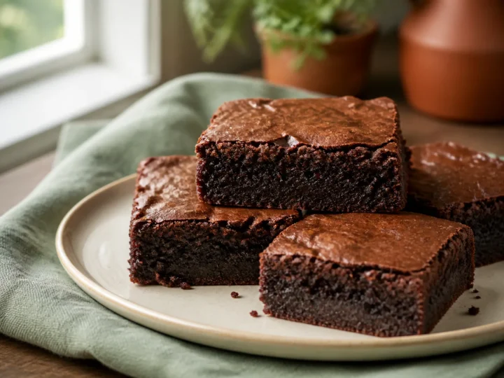 Dunkle fudgy Brownies mit glänzender Kruste und saftigem Schokoladenkern
