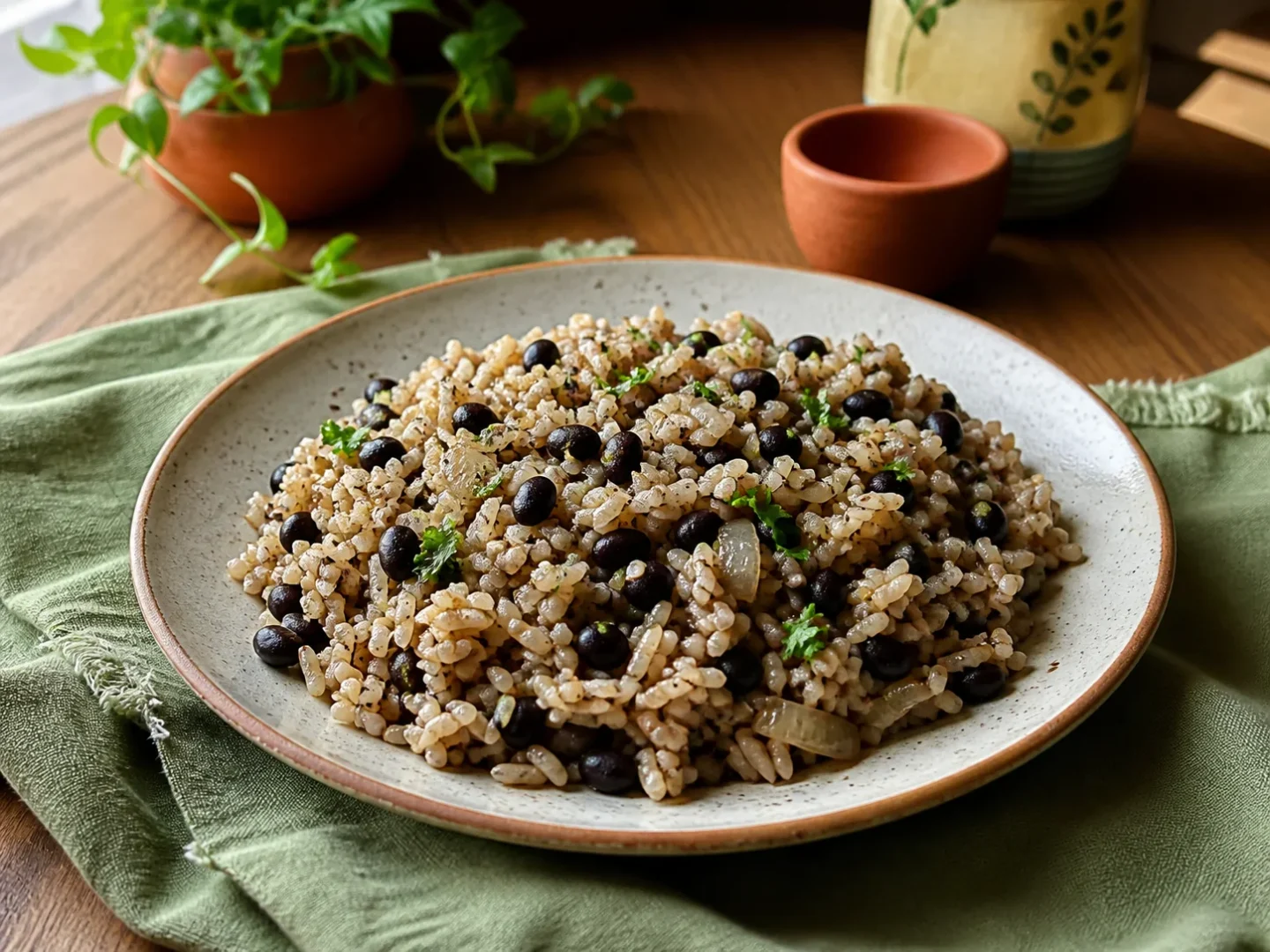 Gallo Pinto mit Reis und Bohnen, fertig angerichtet auf einem Teller