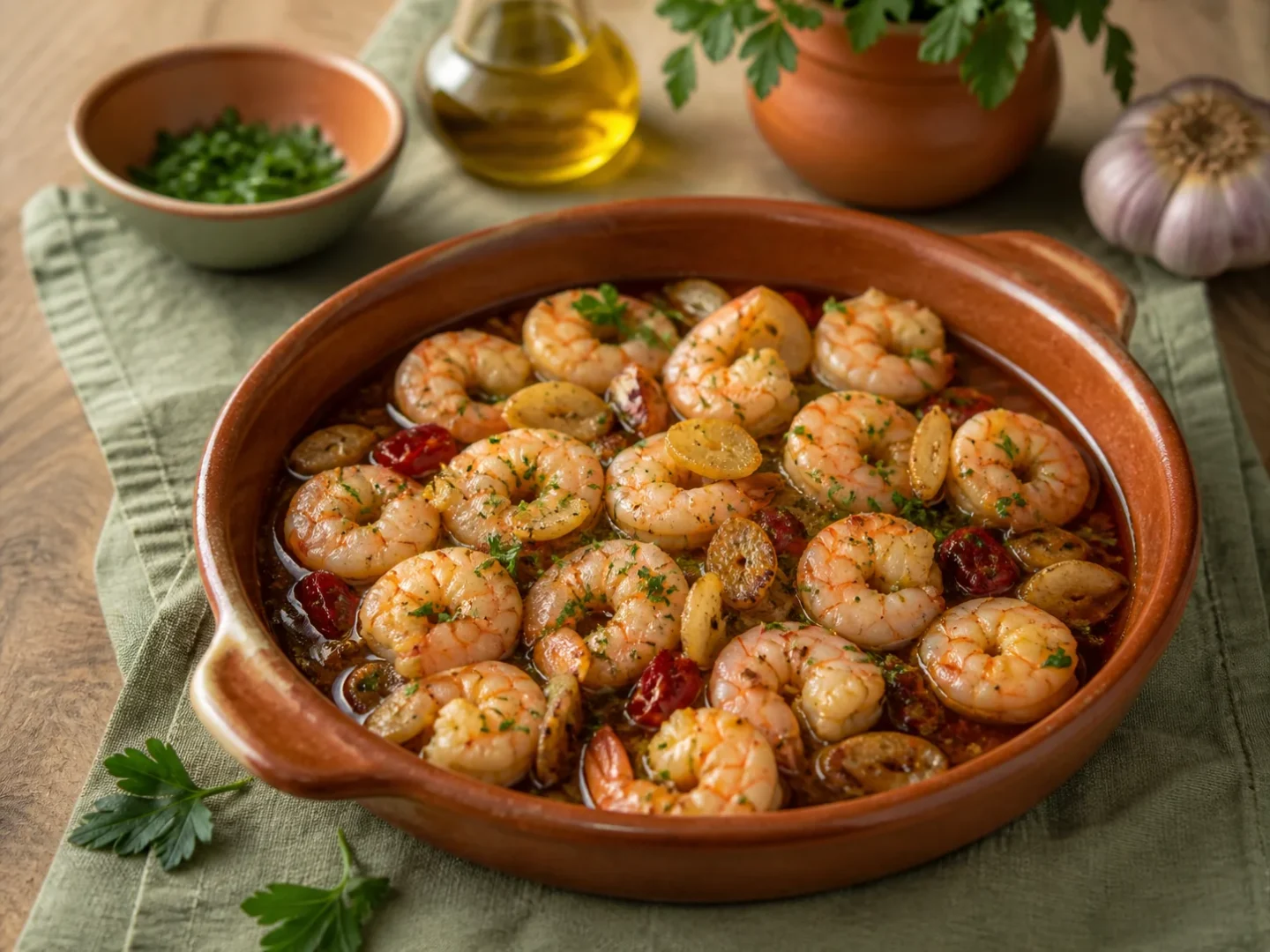 Gambas al Ajillo mit Garnelen, Knoblauchscheiben, Chili und Petersilie