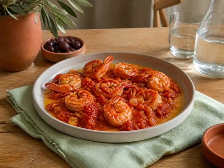 Garides Saganaki, fertig angerichtet auf einem Teller