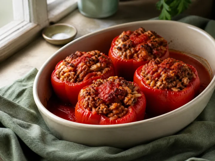 Gefüllte rote Paprika mit Hackfleisch und Reis in Tomatensauce