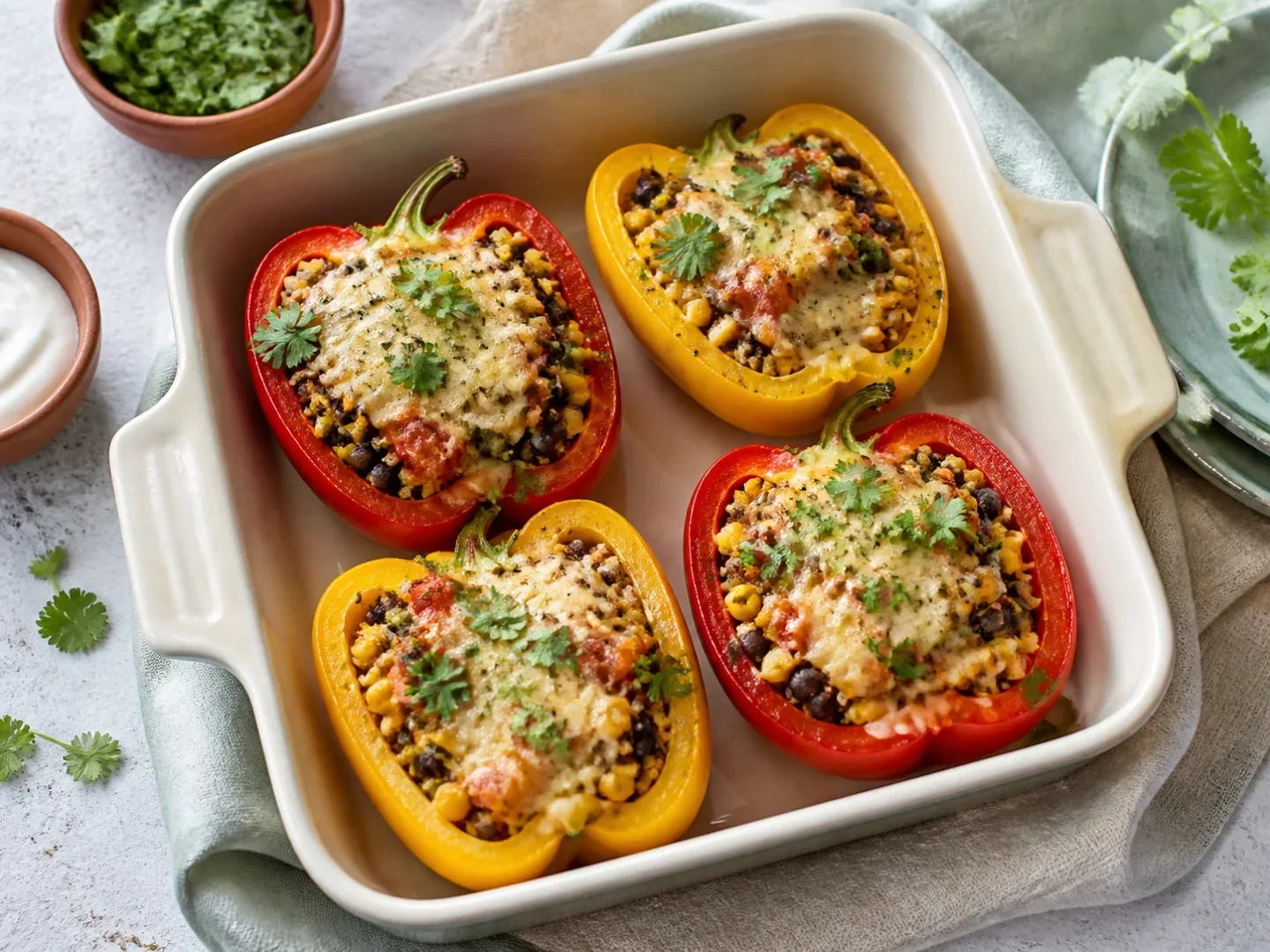 Vier gefüllte Paprikahälften mit Quinoa, schwarzen Bohnen, Mais und Käse