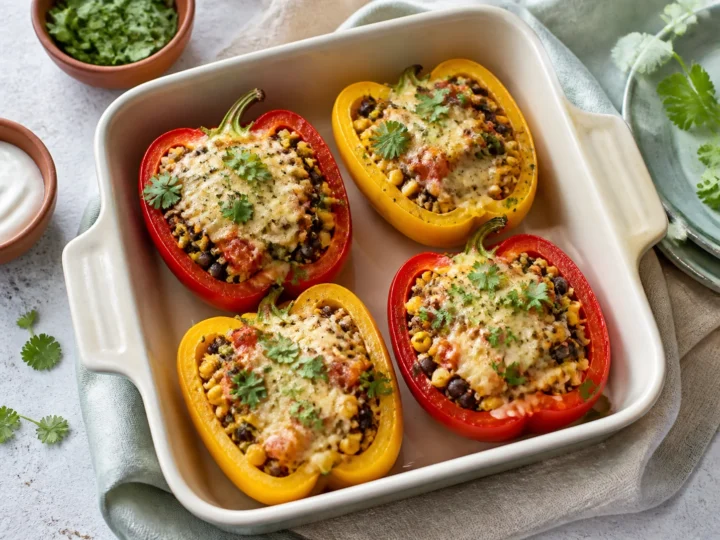 Vier gefüllte Paprikahälften mit Quinoa, schwarzen Bohnen, Mais und Käse