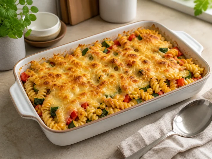 Goldbrauner Gemüse-Nudel-Auflauf mit Zucchini und Paprika in einer Auflaufform