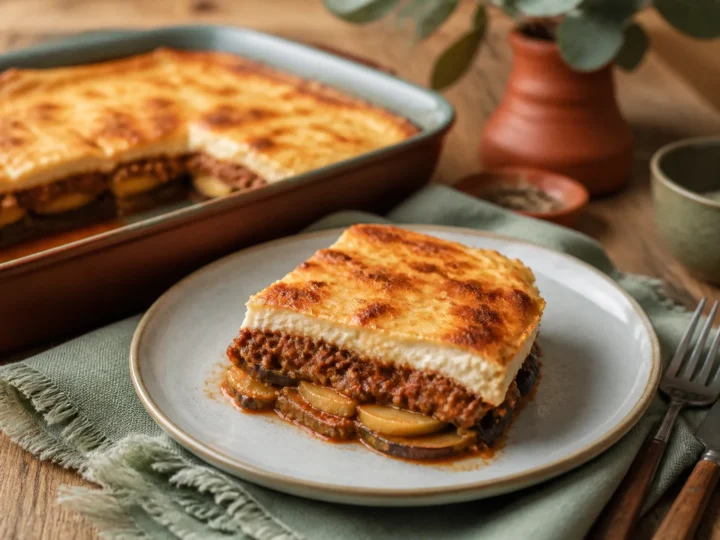 Griechische Moussaka mit Aubergine, Kartoffeln, Rinderragout und goldener Haube