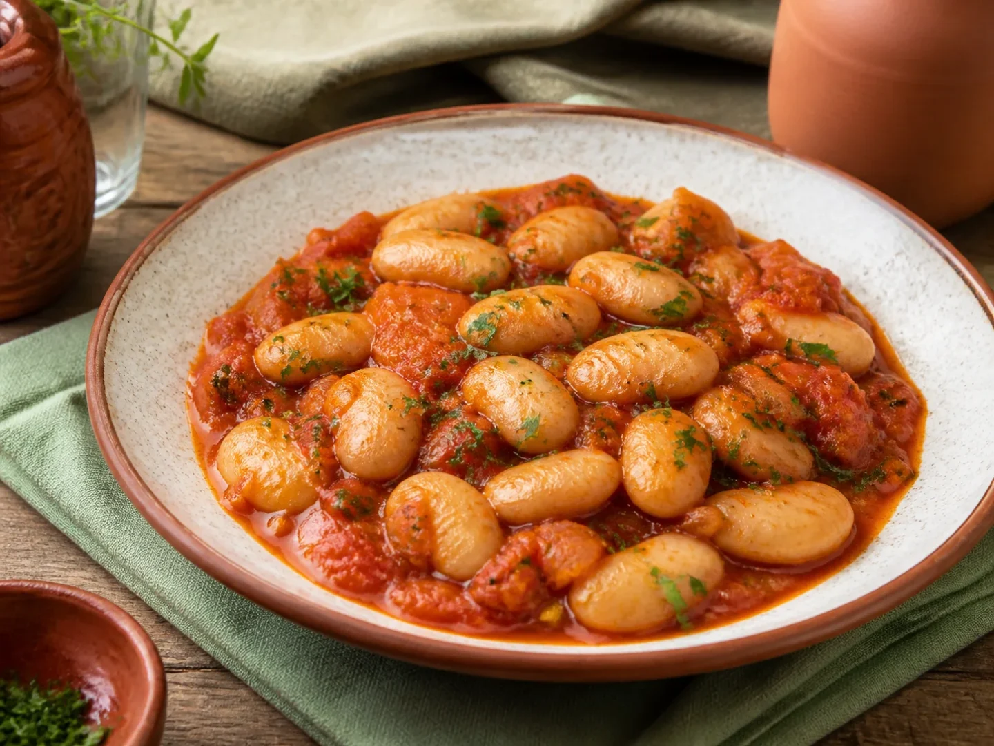 Griechische Riesenbohnen in dicker Tomatensauce mit Petersilie