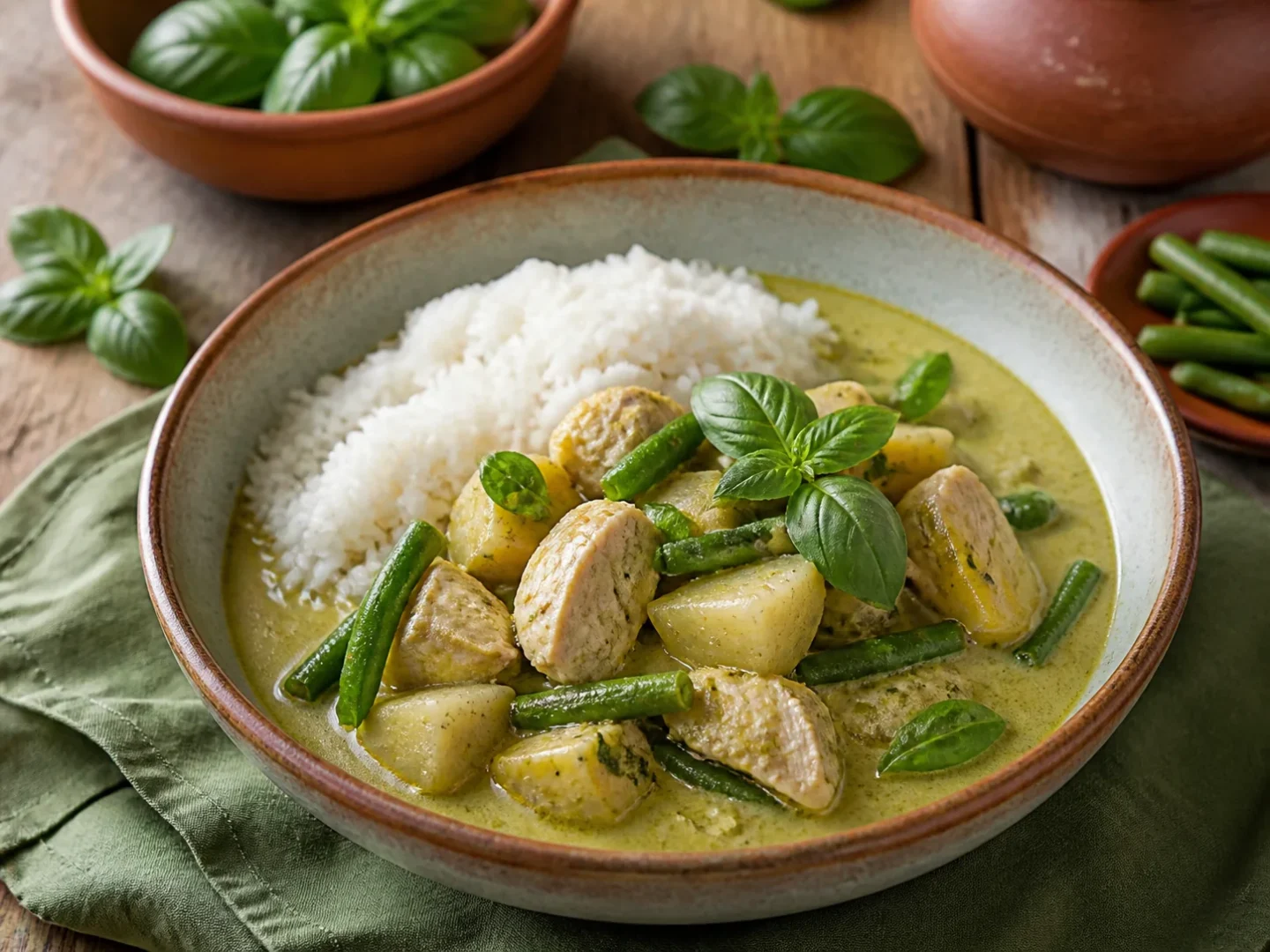 Grünes Thai-Curry mit Hähnchen, Kartoffeln, grünen Bohnen, Basilikum und Reis