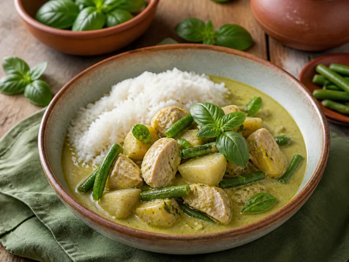 Grünes Thai-Curry mit Hähnchen, Kartoffeln, grünen Bohnen, Basilikum und Reis