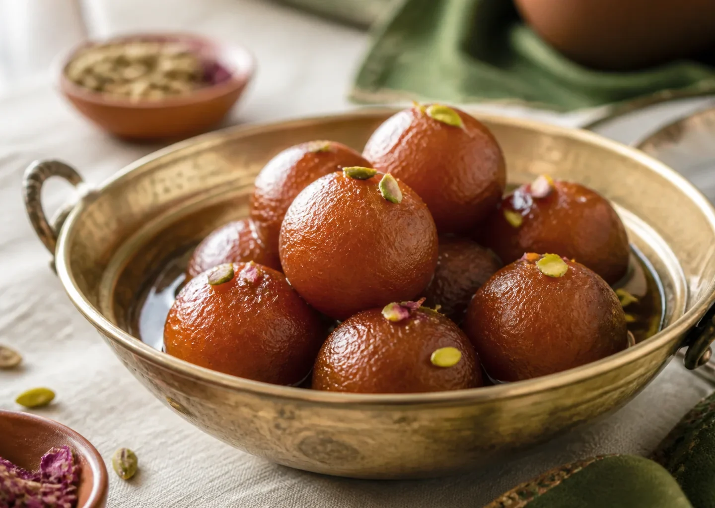 Goldbraune Gulab Jamun in Kardamomsirup mit gehackten Pistazien