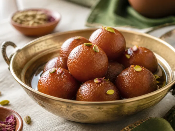 Goldbraune Gulab Jamun in Kardamomsirup mit gehackten Pistazien