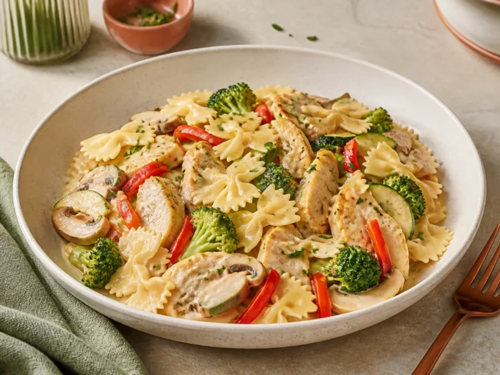 Farfalle Alfredo mit Hähnchen, Brokkoli, Zucchini, Paprika und Pilzen