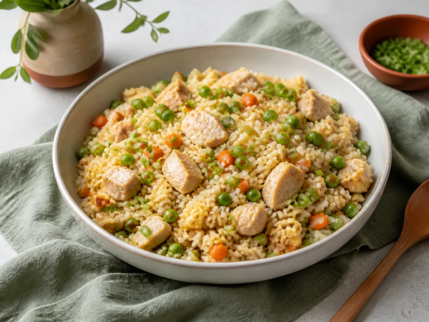 Hähnchen-Bratreis mit Ei, Erbsen, Möhren und Frühlingszwiebeln