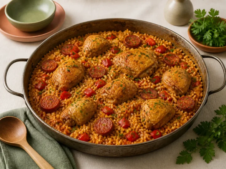 Spanische Hähnchen-Chorizo-Reispfanne mit roter Paprika und Petersilie