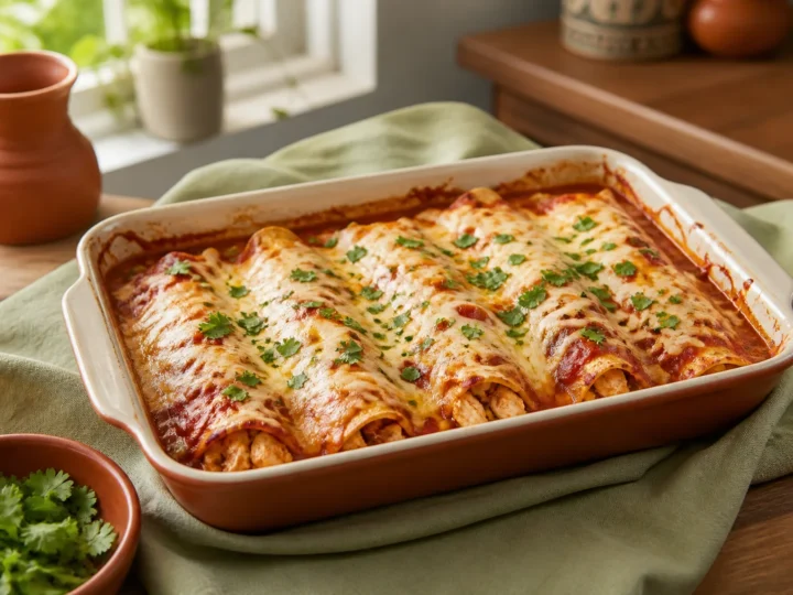 Hähnchen-Enchilada-Auflauf, fertig angerichtet auf einem Teller
