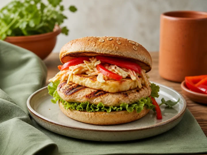 Hähnchen-Halloumi-Burger mit Krautsalat, Paprika und grünem Salat