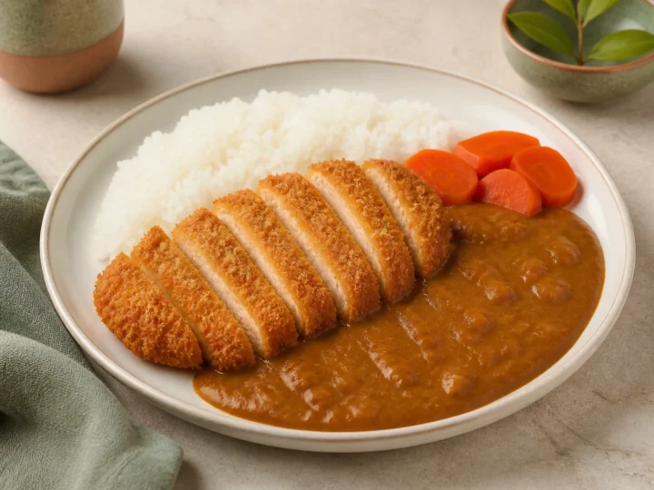 Aufgeschnittenes Hähnchen-Katsu mit Currysauce, Reis und Möhren