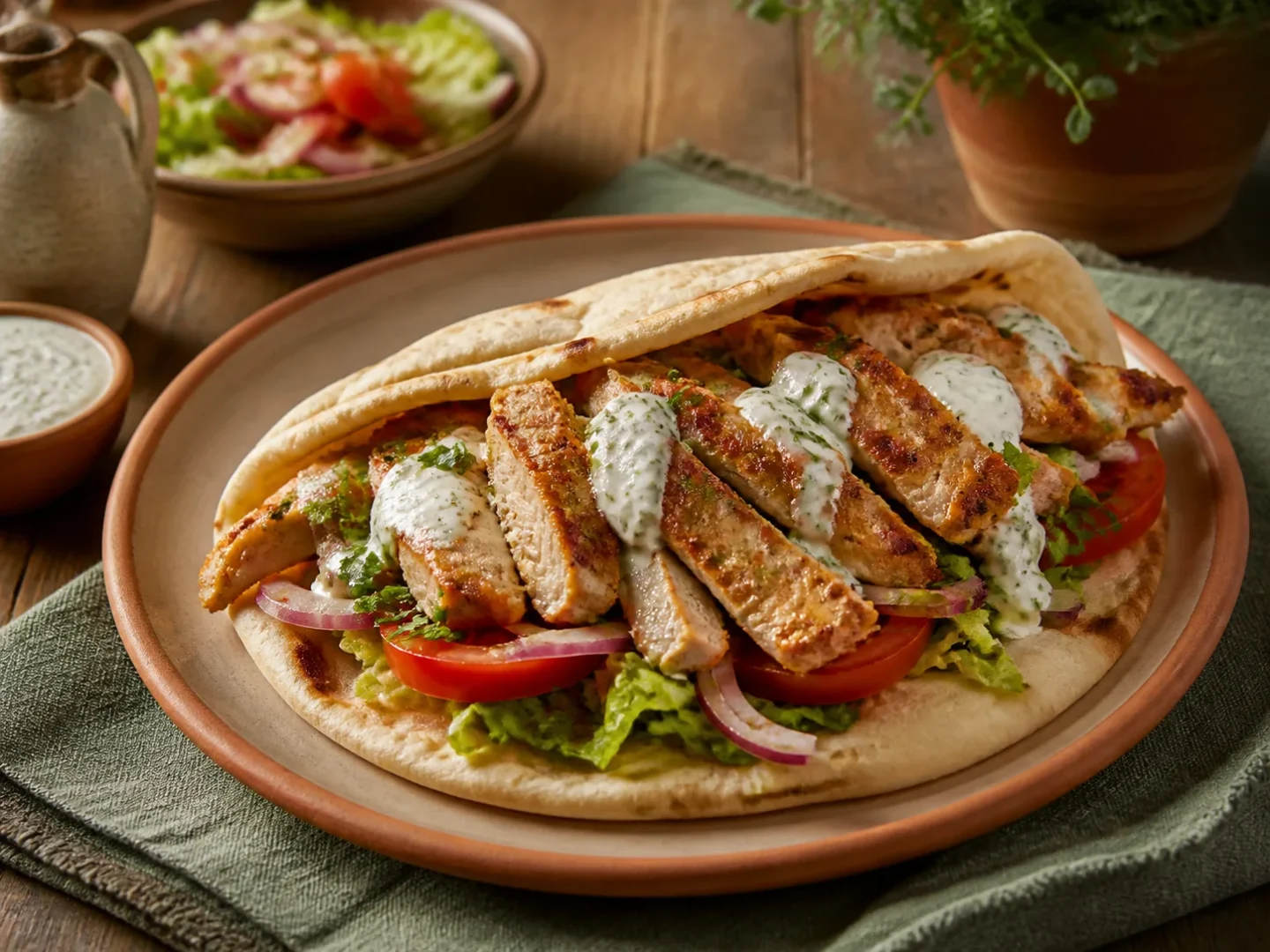 Hähnchen-Shawarma auf Fladenbrot mit Kräuterjoghurt, Tomaten und Salat