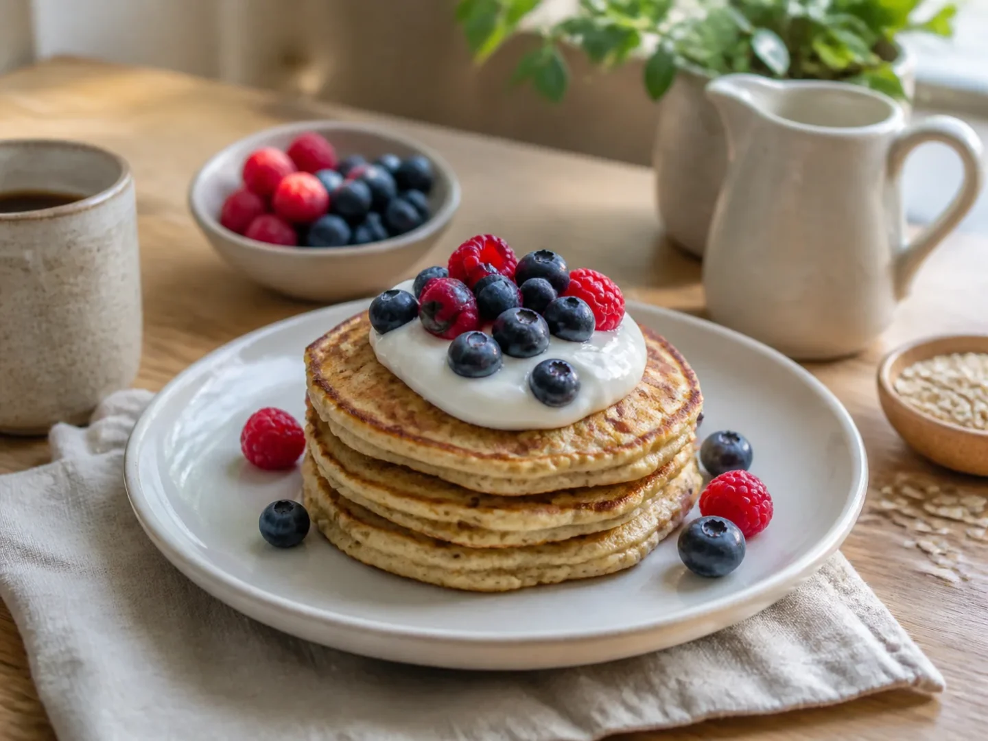 Kleine Hafer-Bananen-Pancakes mit Naturjoghurt und frischen Beeren