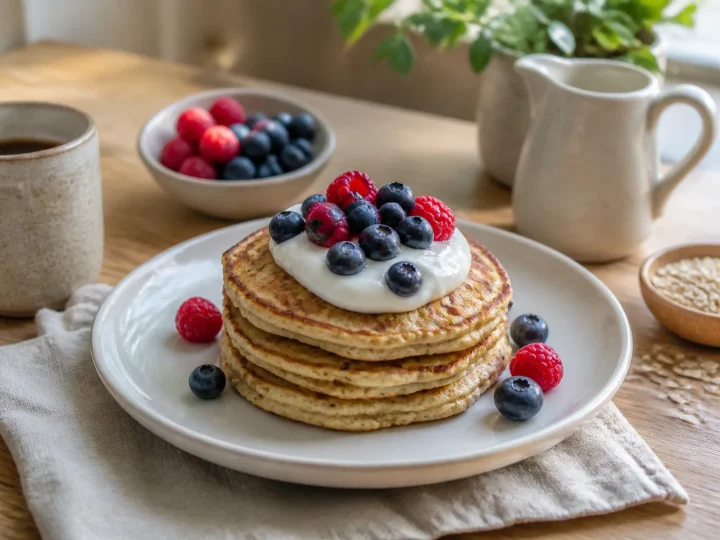 Kleine Hafer-Bananen-Pancakes mit Naturjoghurt und frischen Beeren