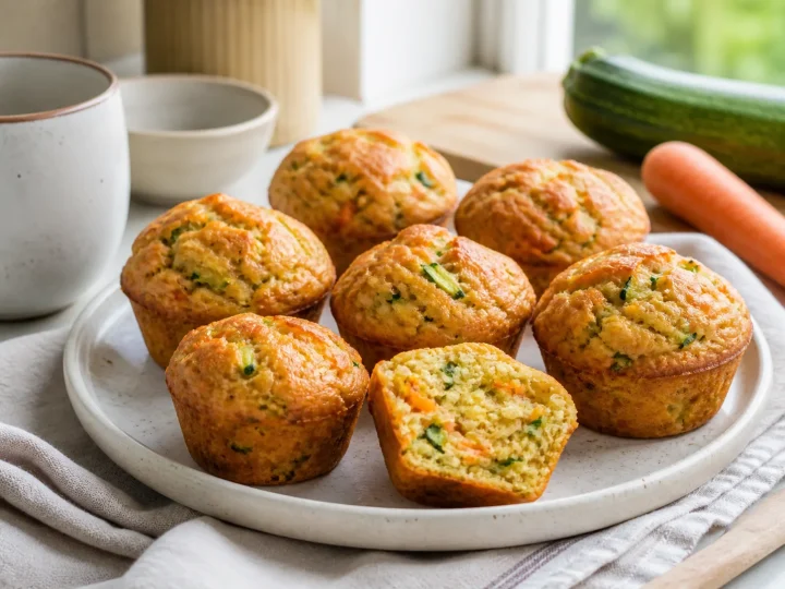 Goldbraune herzhafte Gemüse-Muffins mit sichtbaren Möhren- und Zucchinistückchen