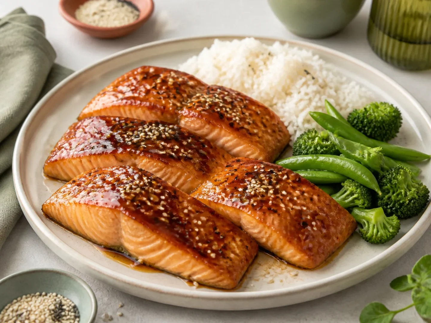 Vier Portionen Honig-Teriyaki-Lachs mit Reis, Brokkoli und Sesam